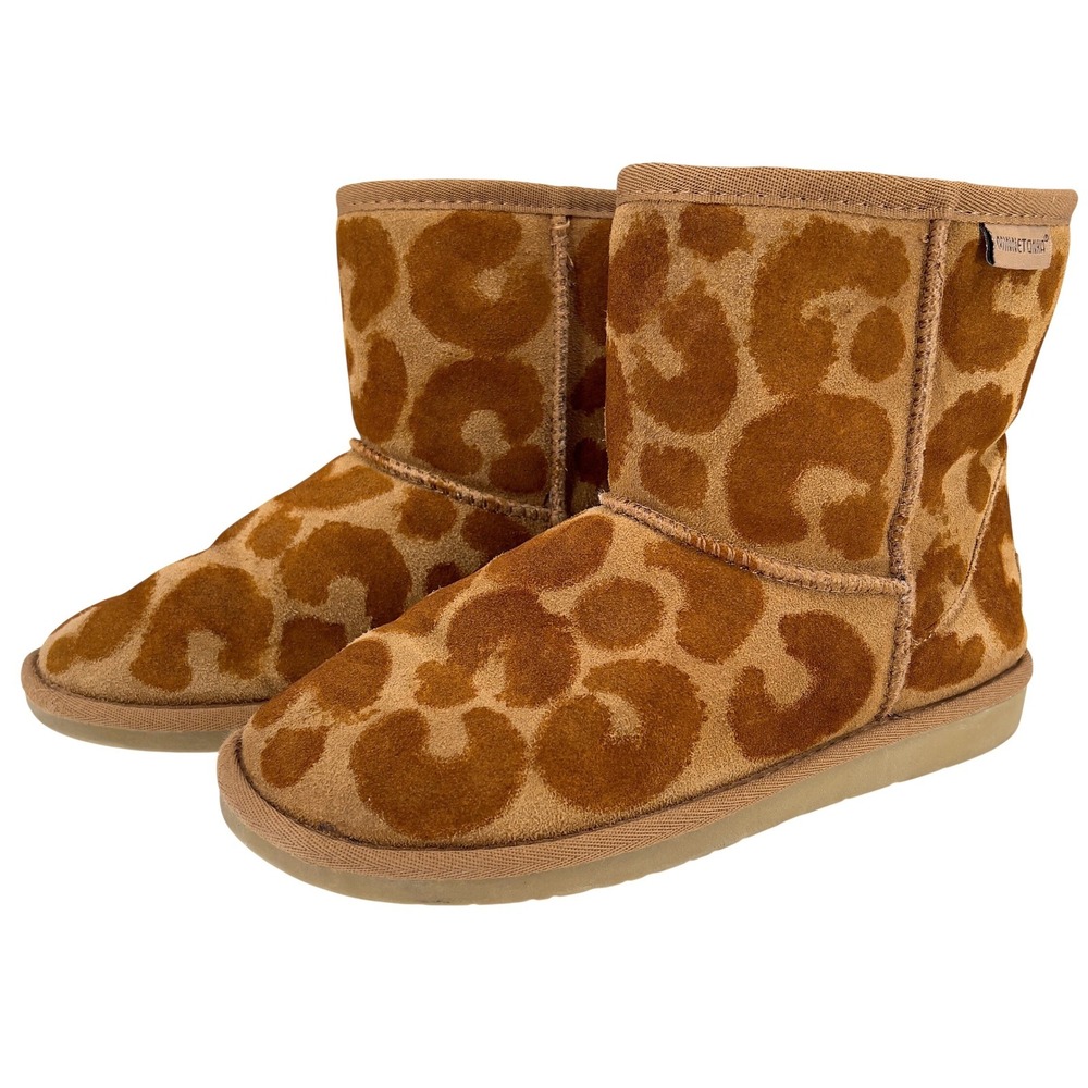 Minnetonka Womens 8 Leopard Print Suede Ankle Boots Faux Shearling Hand Painted